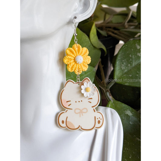 Yellow flower cat earrings